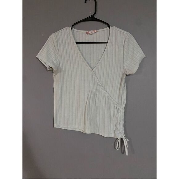 Pink Rose Ribbed Tie Wrap Short Sleeve Top Size Large - Picture 1 of 4